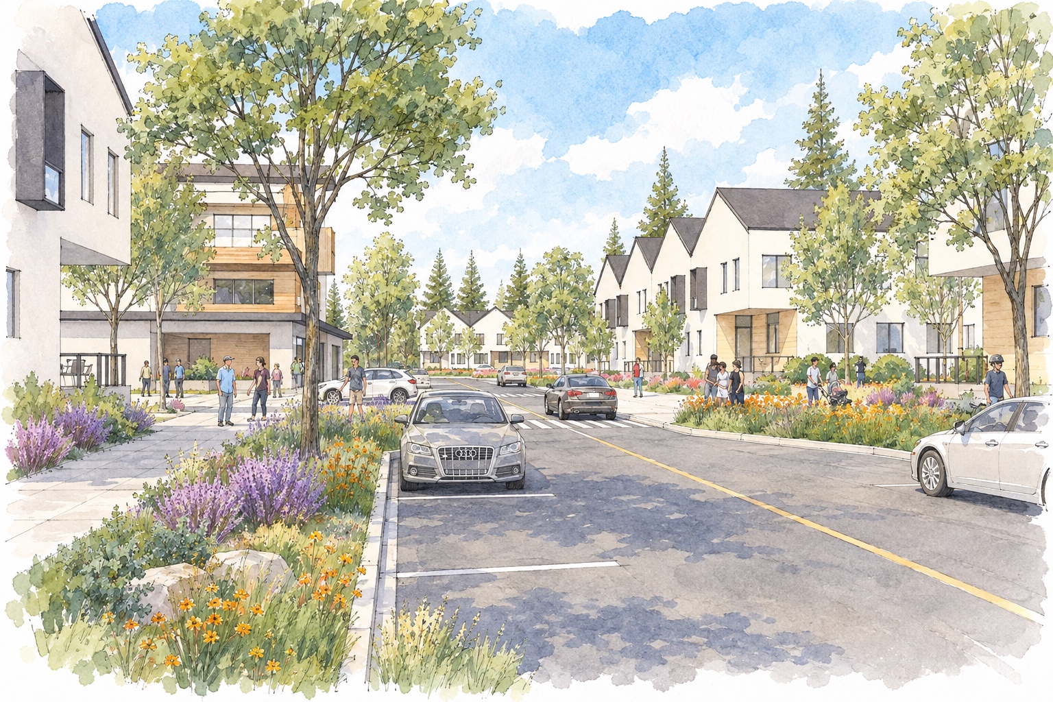 Soft watercolour-style illustration of the Bowers District master plan