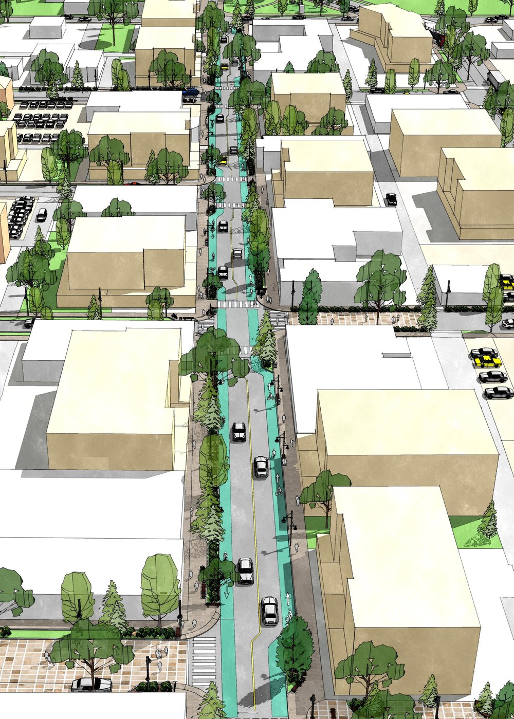 Bird’s-eye illustration of a redesigned downtown street in Creston