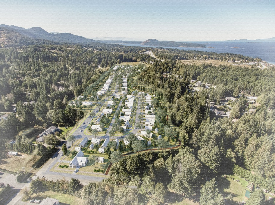 Aerial visualization of a residential development within a forested landscape