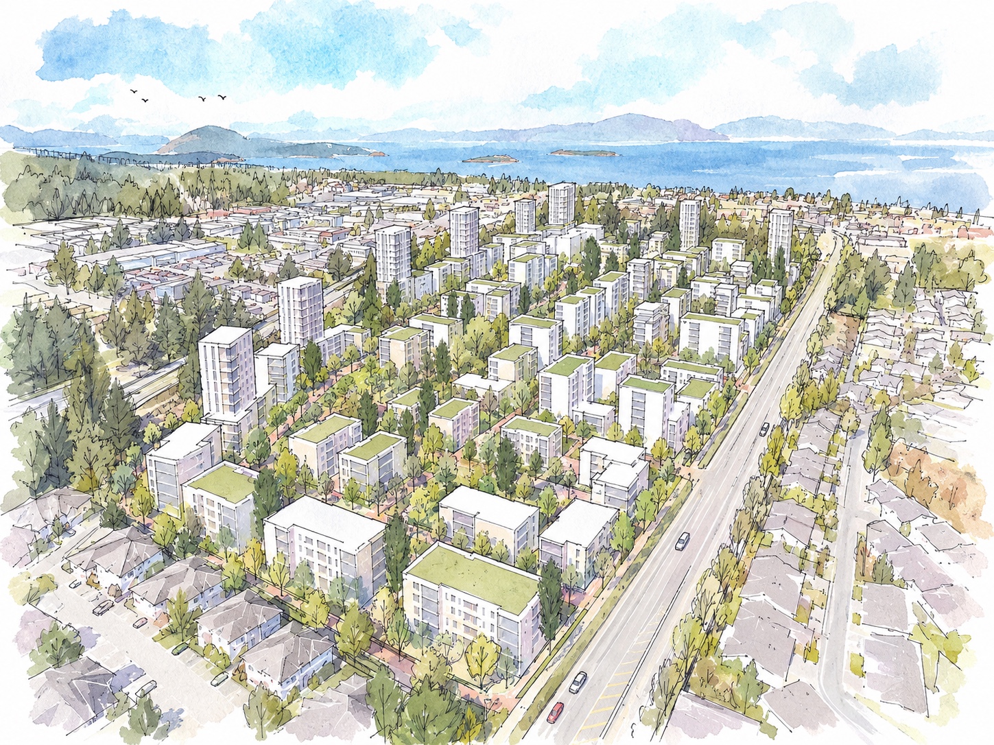Illustrated perspective of a mixed-use master planned district