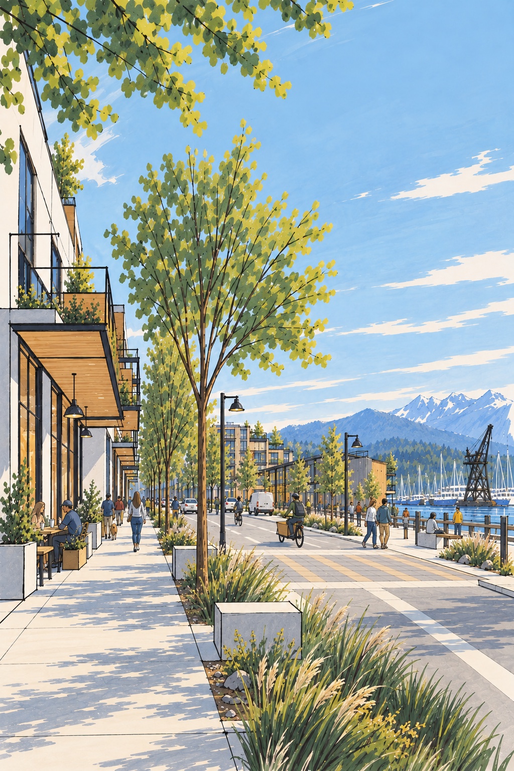 Illustration of a walkable waterfront district with trees, homes, shops, active transportation, and a working harbour