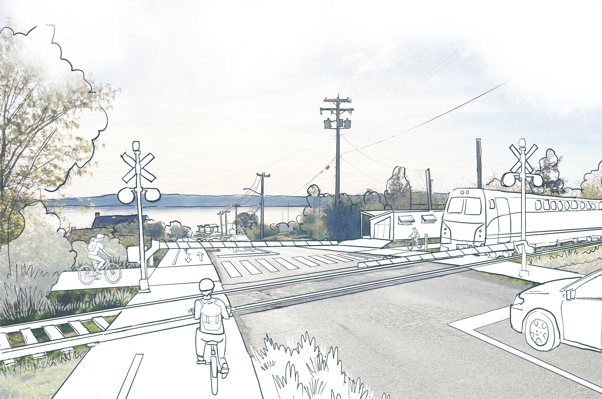 Illustrated vision of a passenger train, active transportation route, and improved rail crossing in the Comox Valley