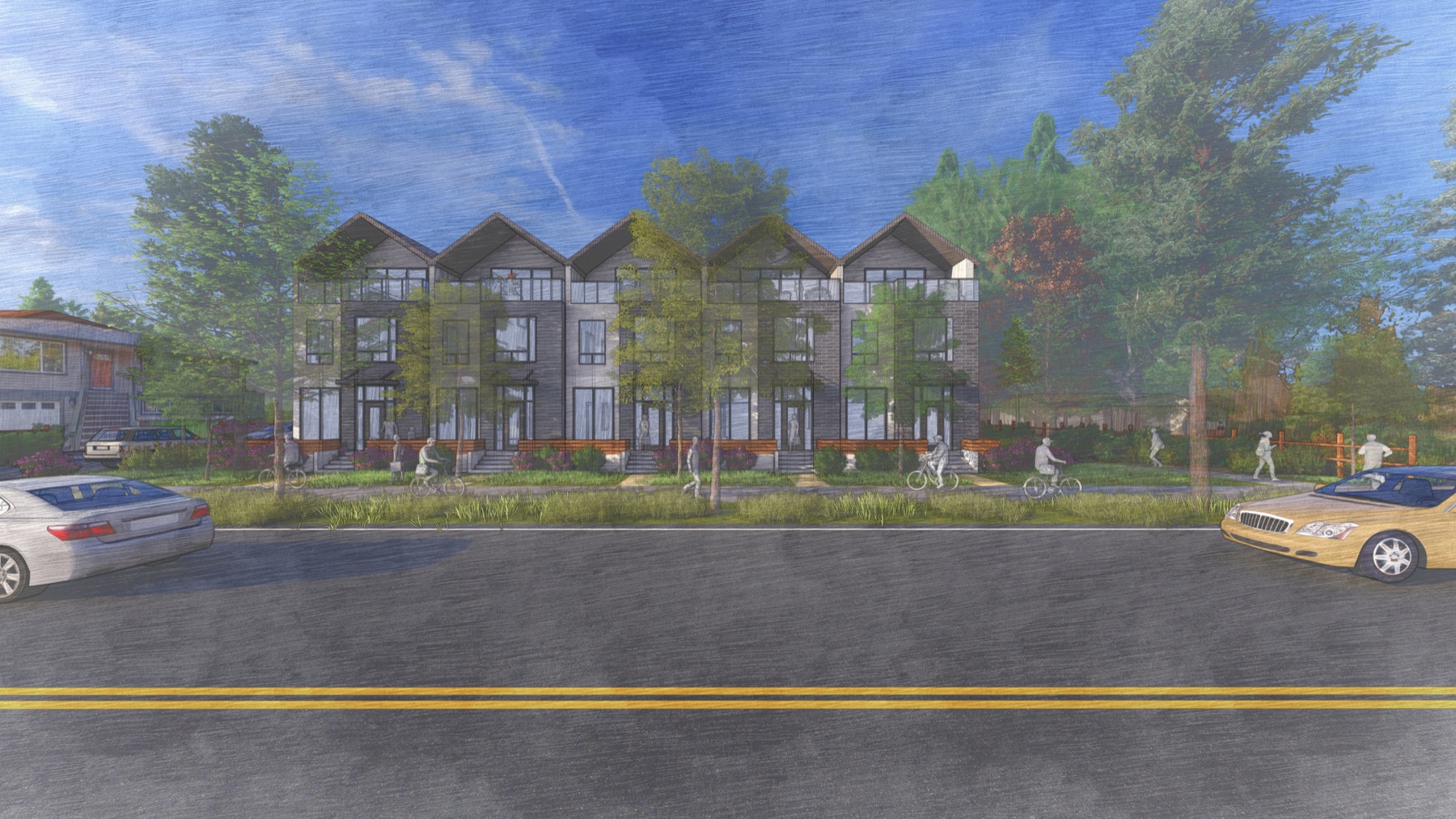 Illustrated street view of the proposed homes at 3095 Lake Trail Road