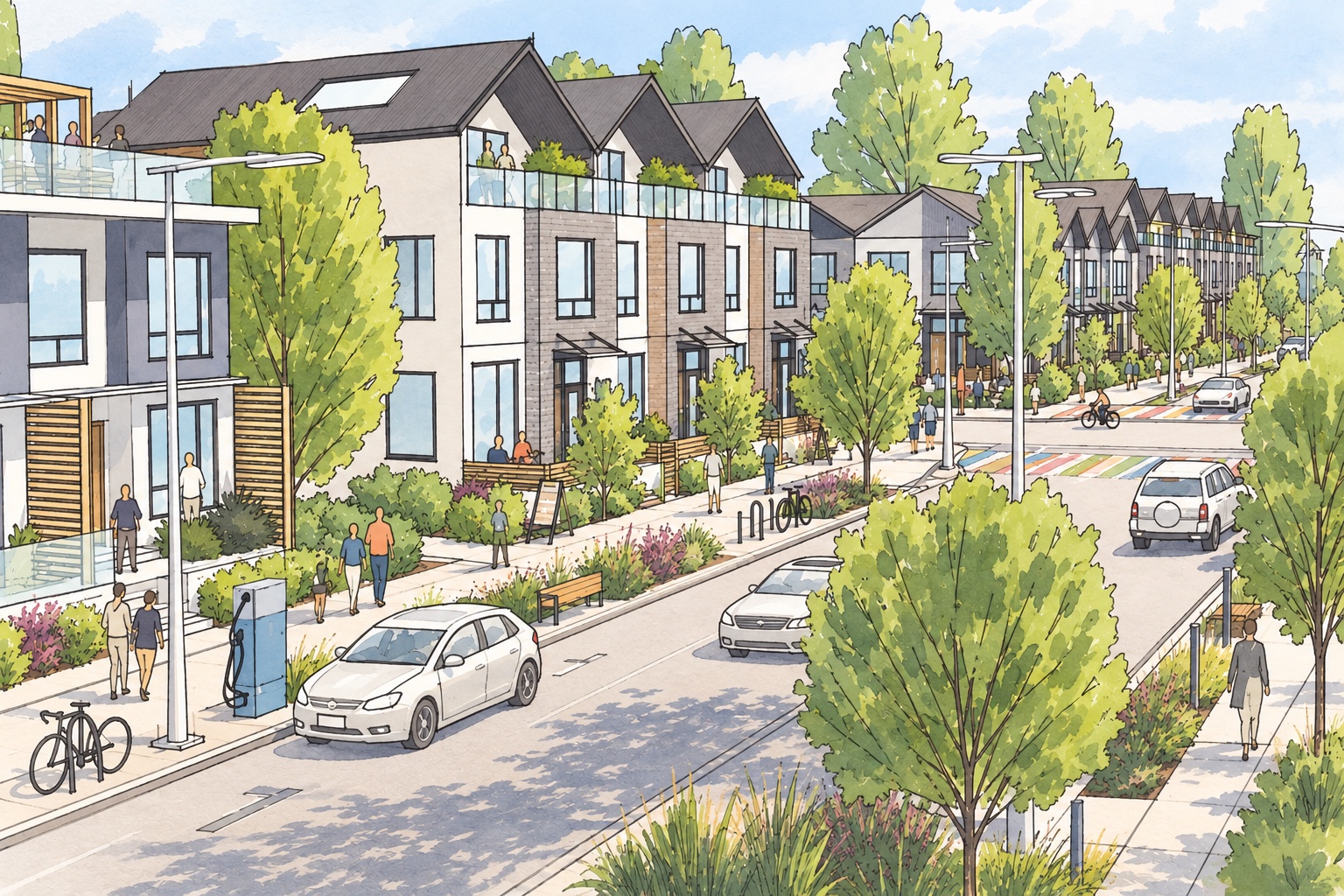 Illustrated mixed-use street showing a range of building forms and public-realm improvements