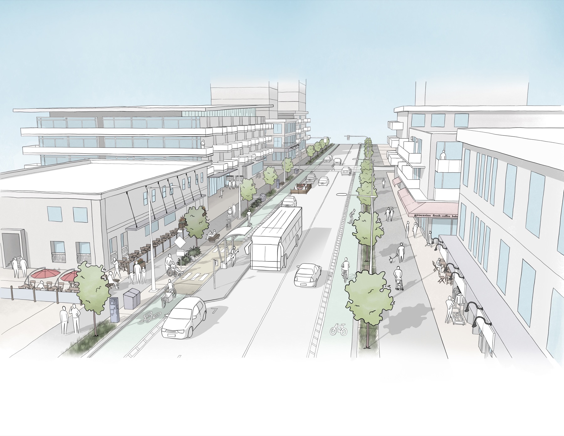 Original streetscape illustration showing mixed-use development, transit, cycling facilities, trees, and public-realm improvements